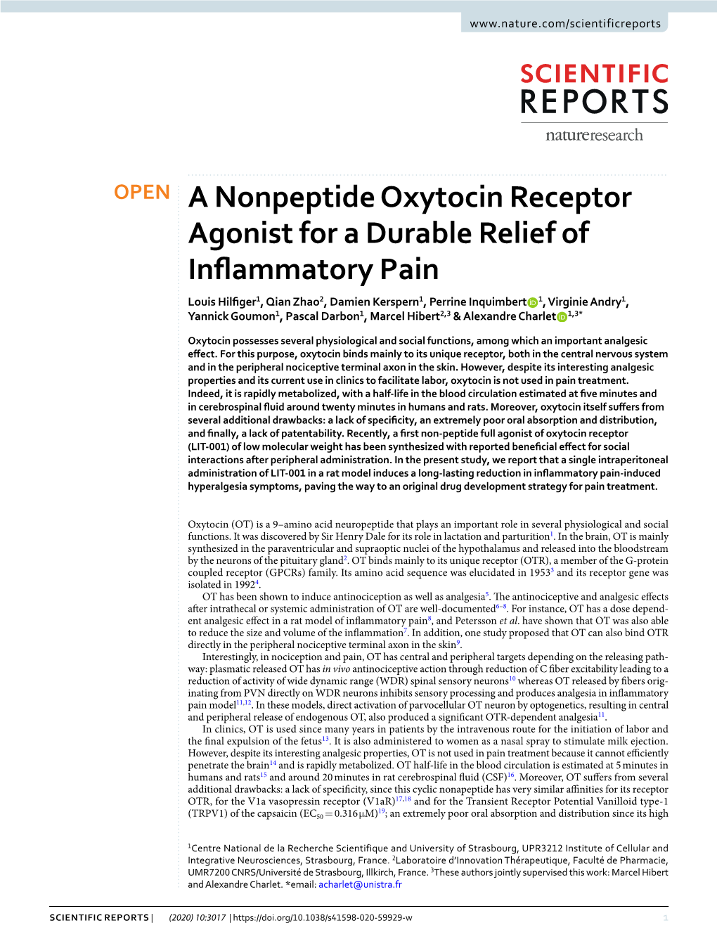 A Nonpeptide Oxytocin Receptor Agonist for a Durable Relief of Inflammatory Pain