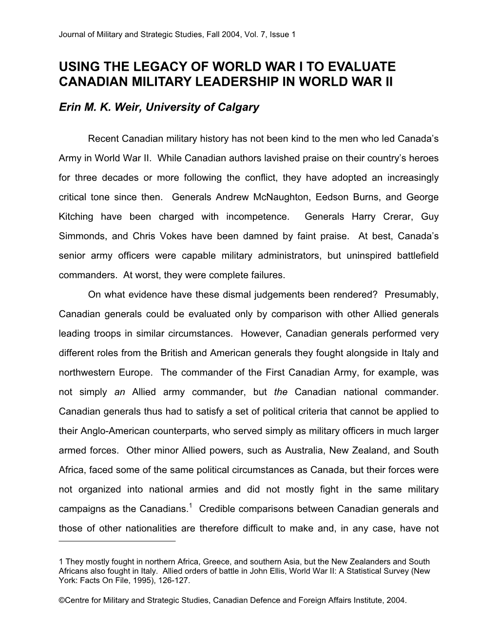 Using the Legacy of World War I to Evaluate Canadian Military Leadership in World War Ii