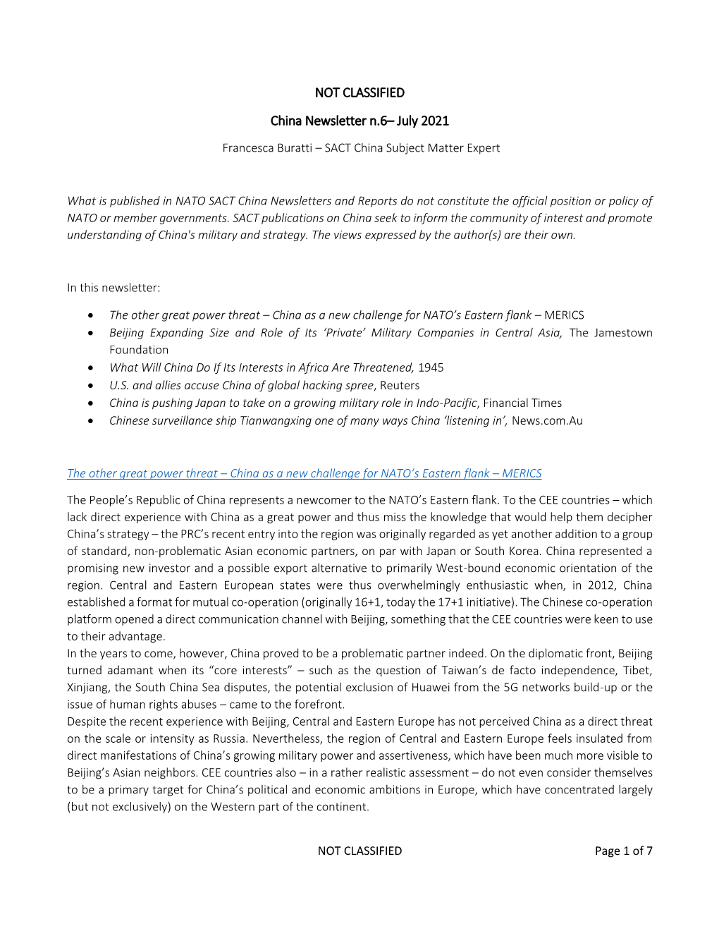 NOT CLASSIFIED China Newsletter N.6– July 2021