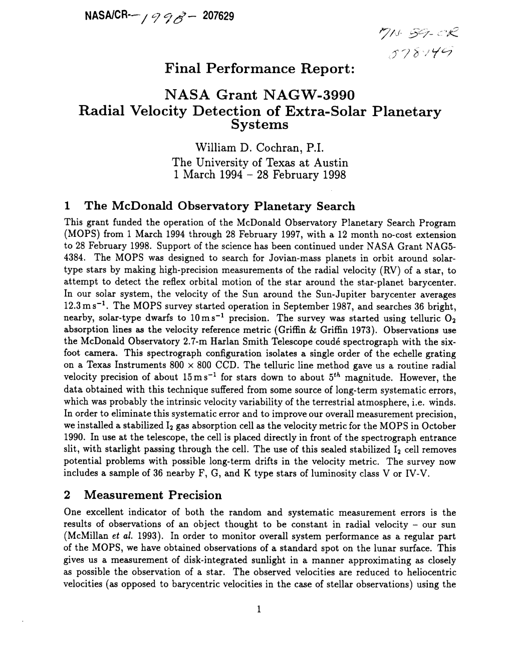 NASA Grant NAGW-3990 Radial Velocity Detection of Extra-Solar Planetary Systems