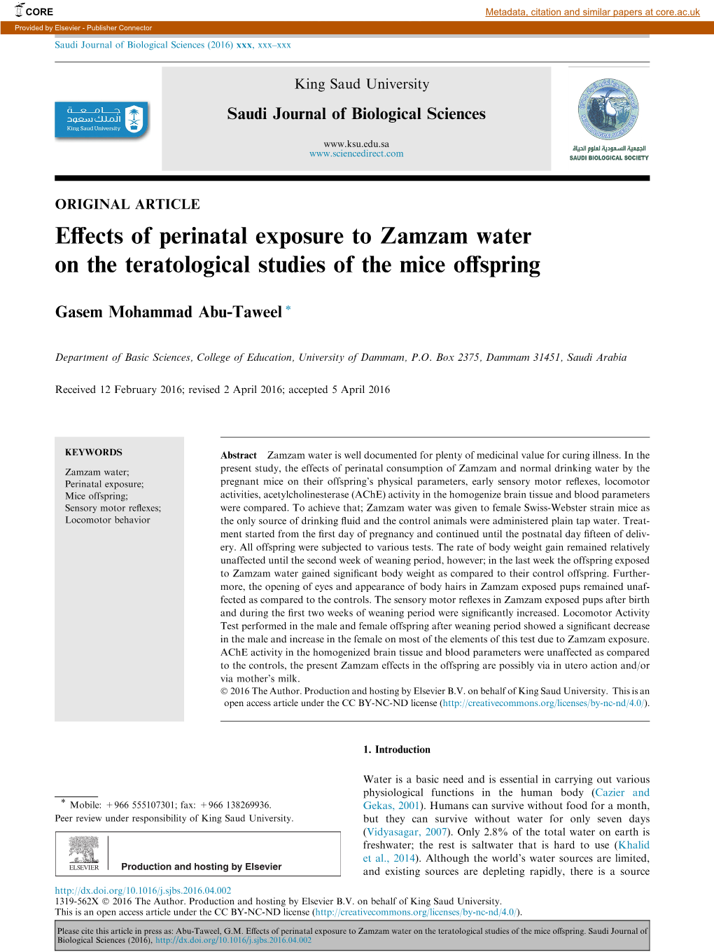 Effects of Perinatal Exposure to Zamzam Water on the Teratological