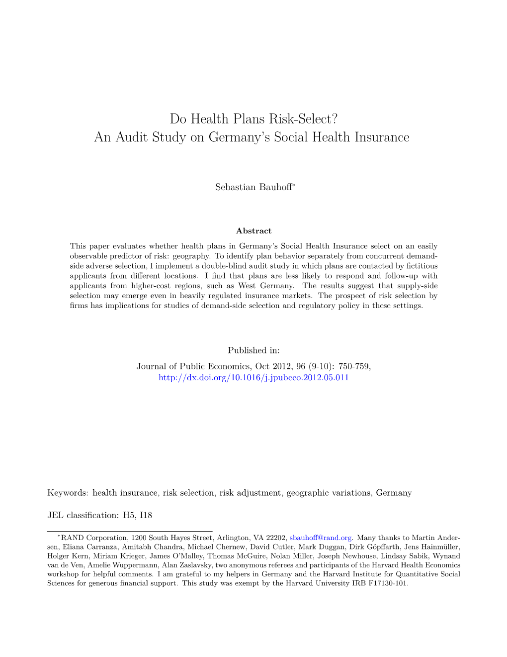 Do Health Plans Risk-Select? an Audit Study on Germany's Social