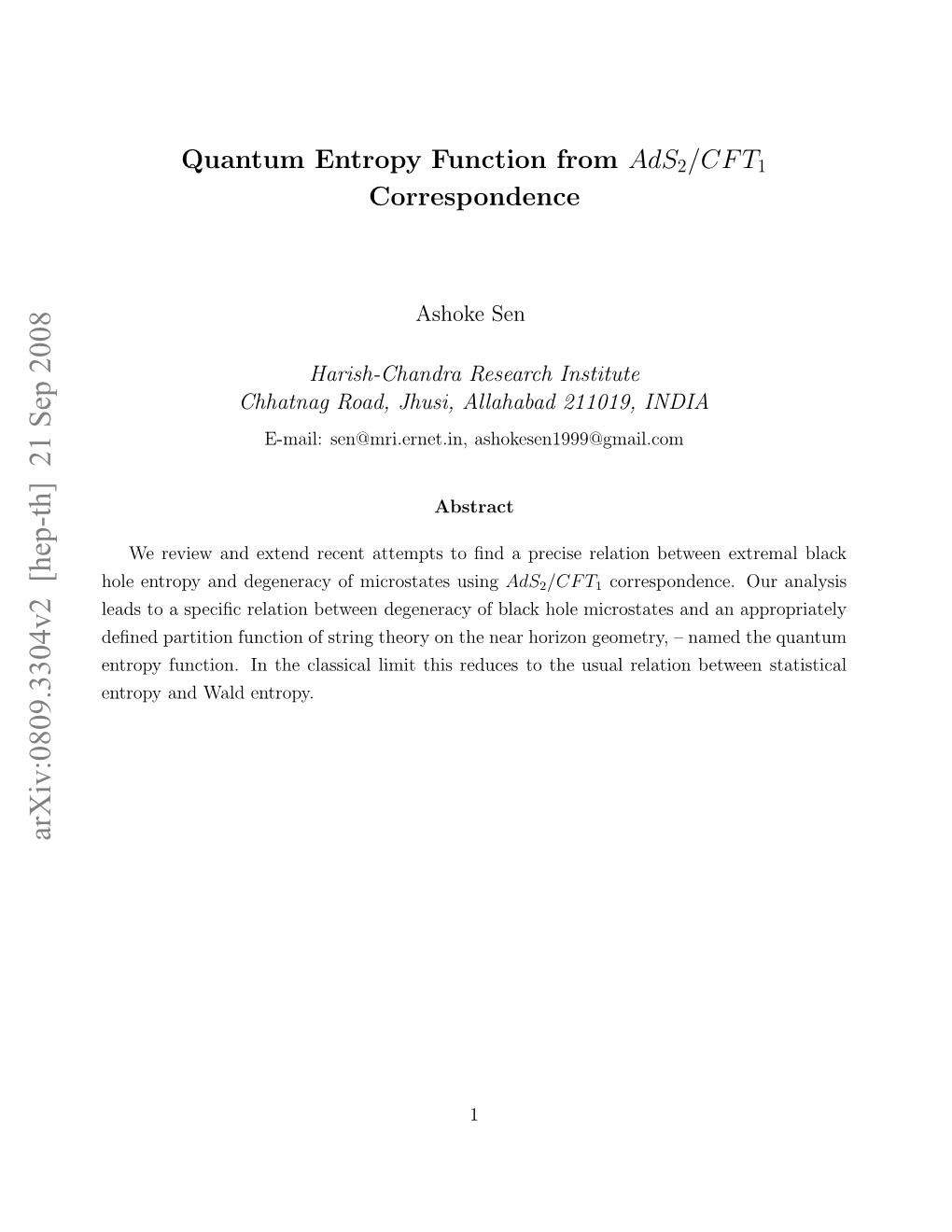 Arxiv:0809.3304V2 [Hep-Th] 21 Sep 2008 Oeetoyaddgnrc Fmcottsusing Microstates of Degeneracy and Entropy Hole Nrp Ucin Ntecascllmtti Eue Othe to Reduces This Entropy