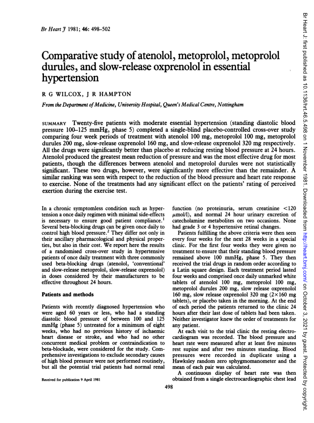 Comparative Study of Atenolol, Metoprolol, Metoprolol