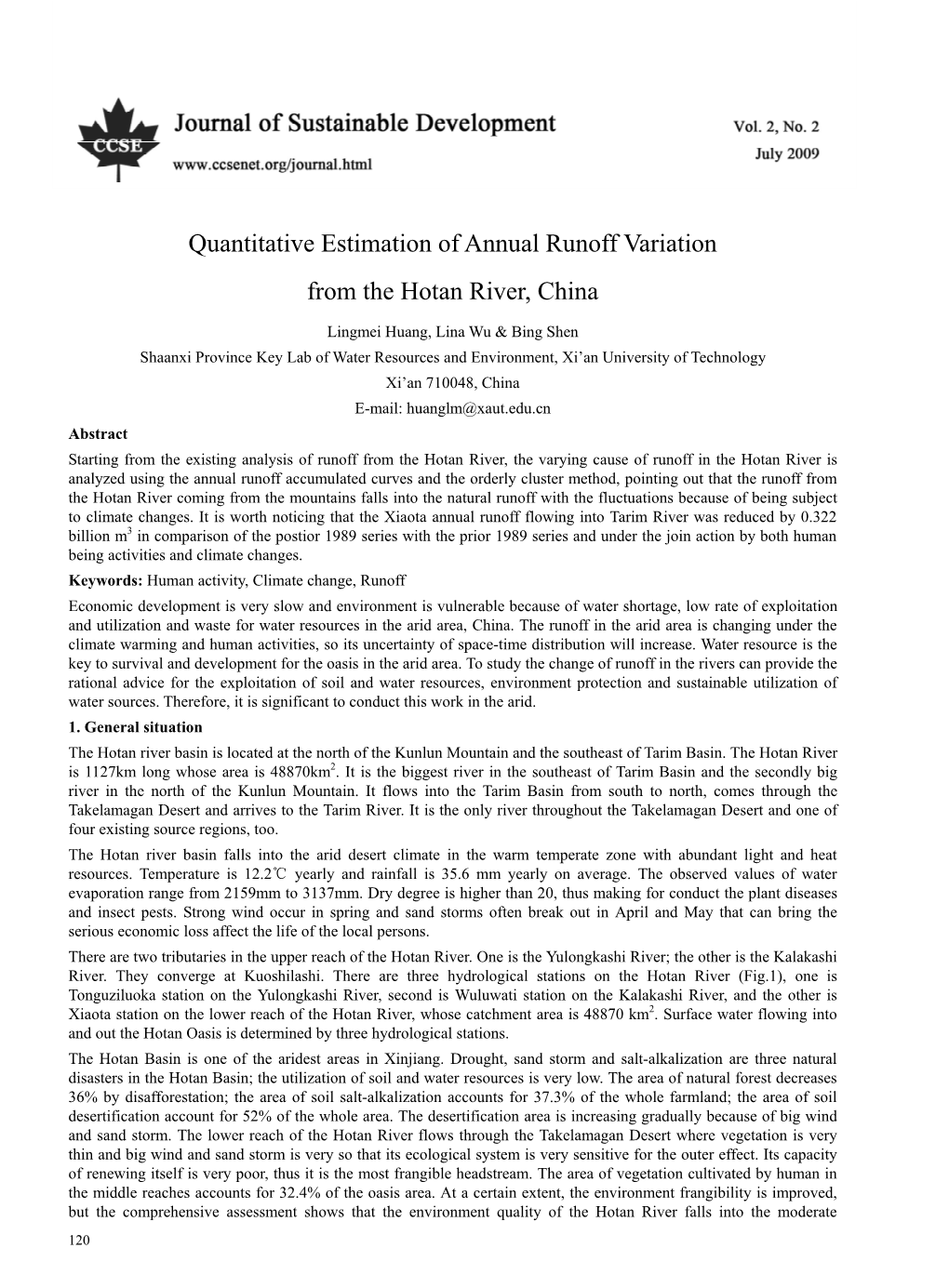 Quantitative Estimation of Annual Runoff Variation from the Hotan River, China