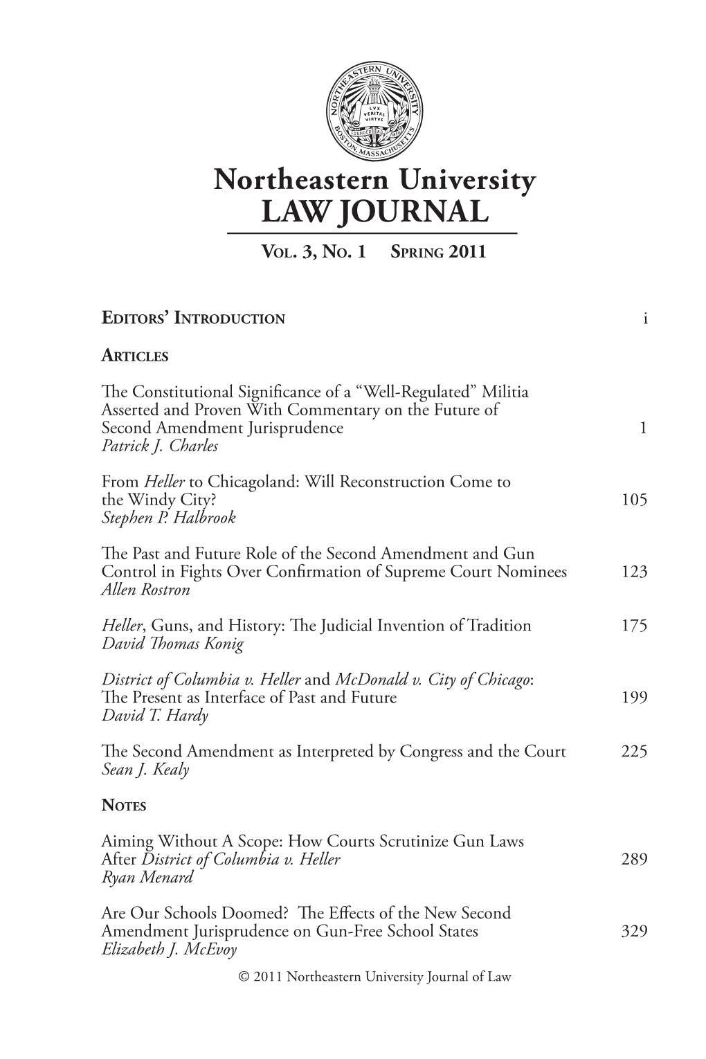 Northeastern University Law Journal, Vol. 3, No. 1, Spring 2011