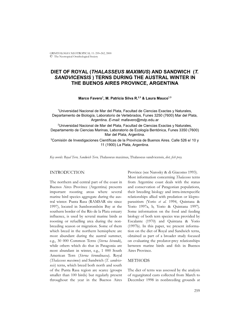 Diet of Royal (Thalasseus Maximus) and Sandwich (T. Sandvicensis ) Terns During the Austral Winter in the Buenos Aires Province, Argentina