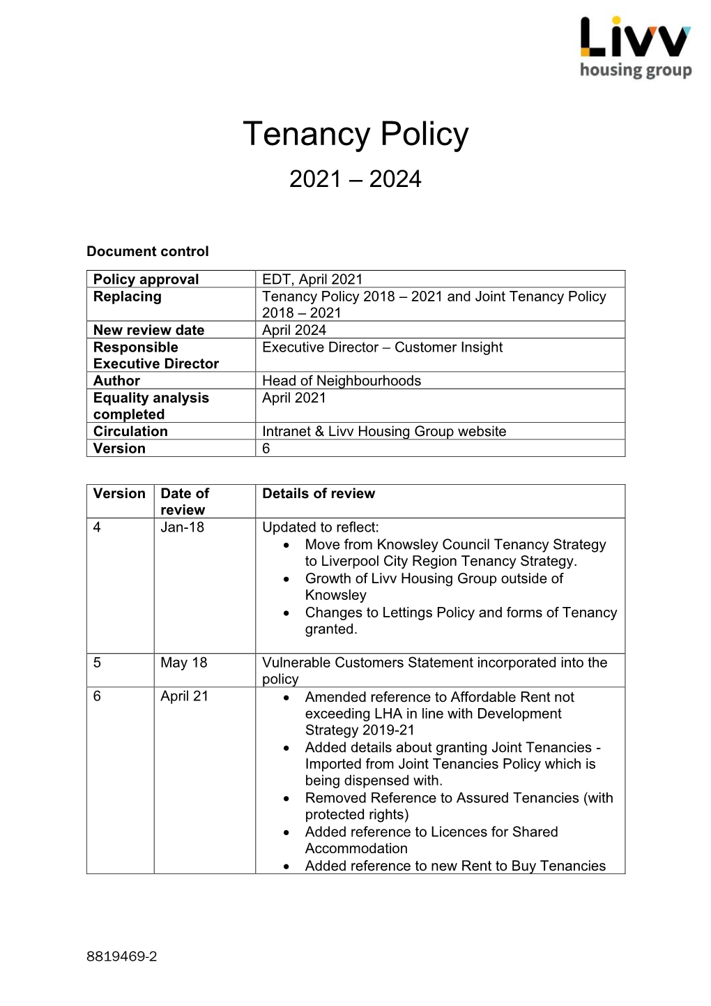 Tenancy Policy 2021 – 2024