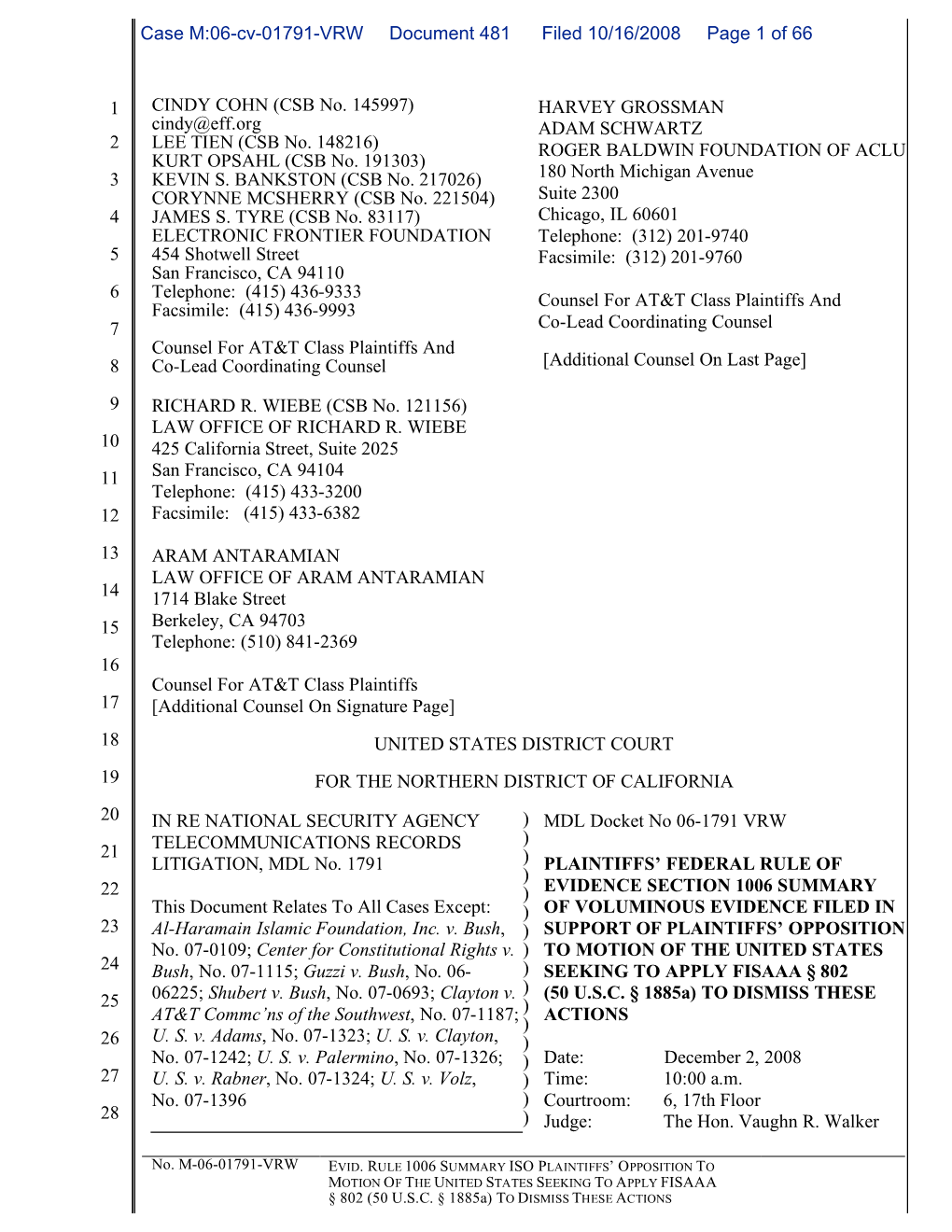 SUMMARY This Document Relates to All Cases Except: ) of VOLUMINOUS EVIDENCE FILED in 23 Al-Haramain Islamic Foundation, Inc