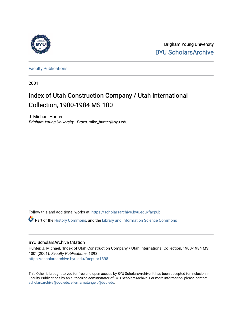 Index of Utah Construction Company / Utah International Collection, 1900-1984 MS 100