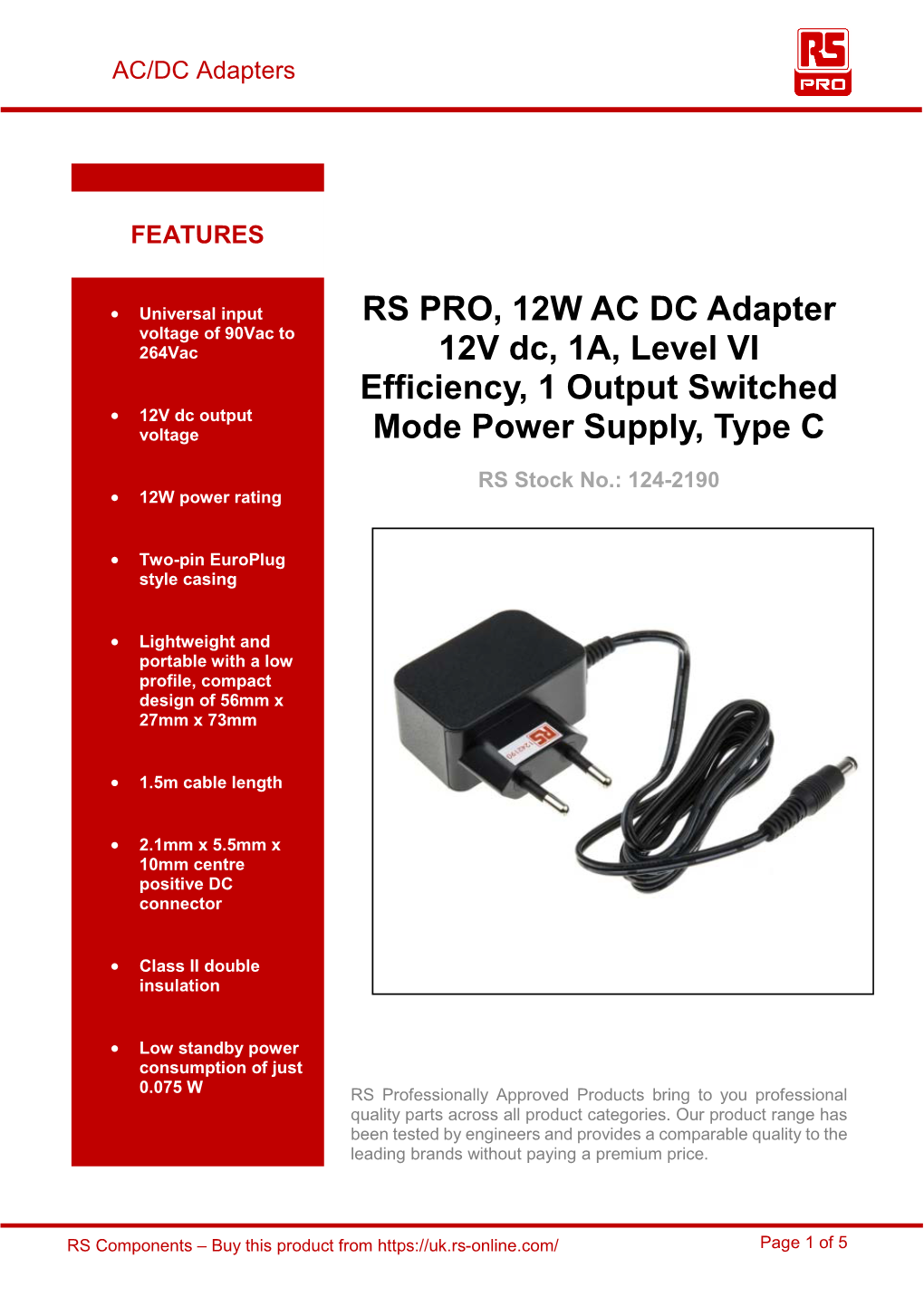 RS PRO, 12W AC DC Adapter 12V Dc, 1A, Level VI Efficiency, 1 Output Switched Mode Power Supply, Type C
