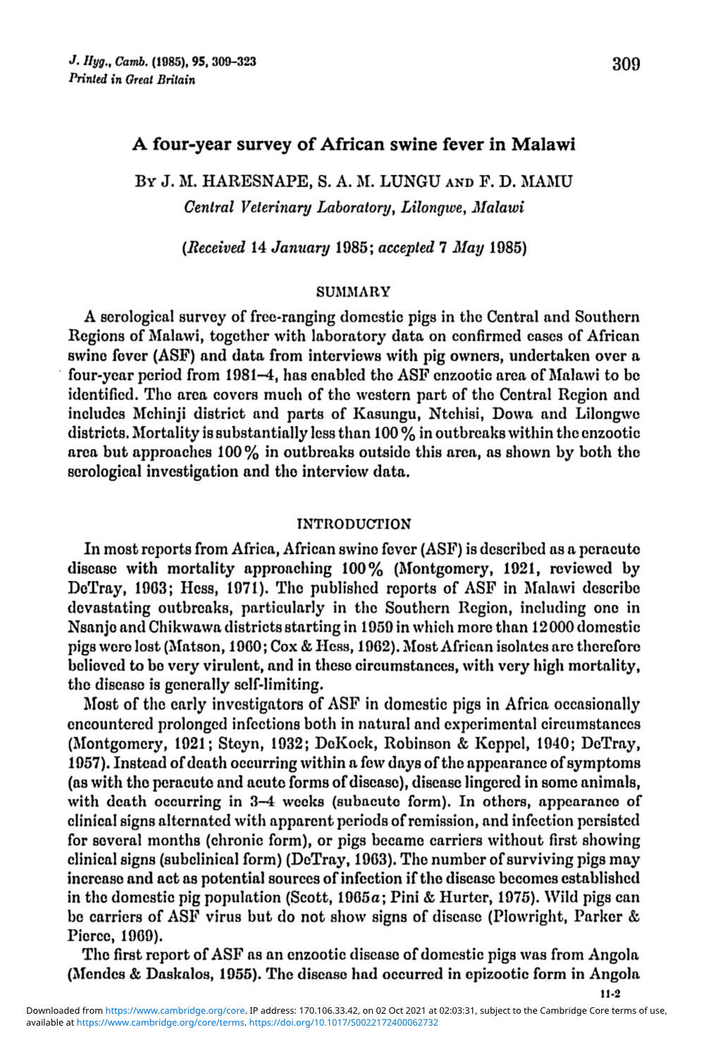 A Four-Year Survey of African Swine Fever in Malawi