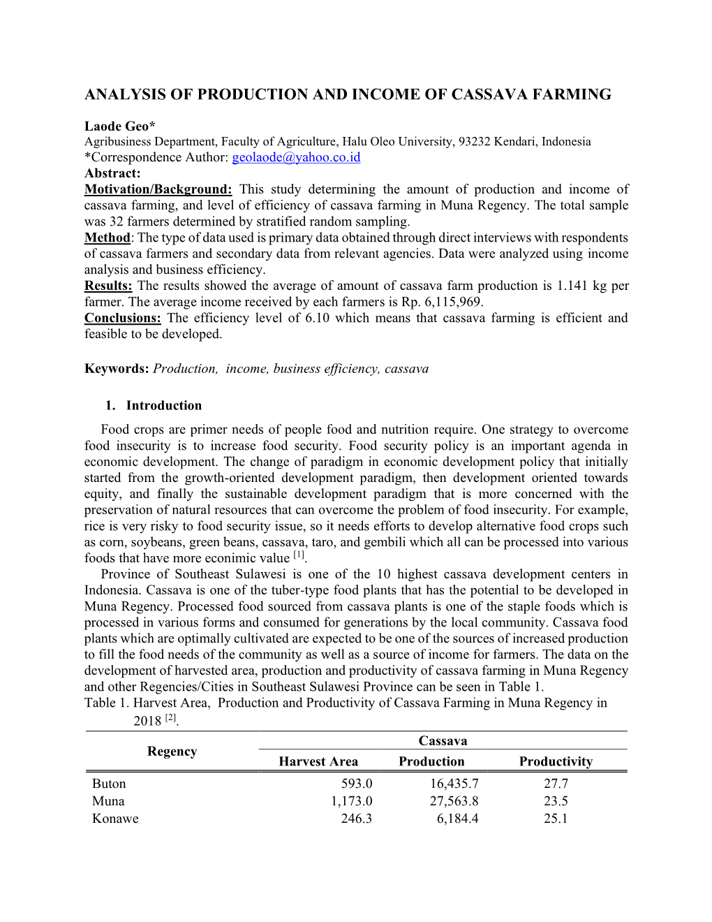 Analysis of Production and Income of Cassava Farming