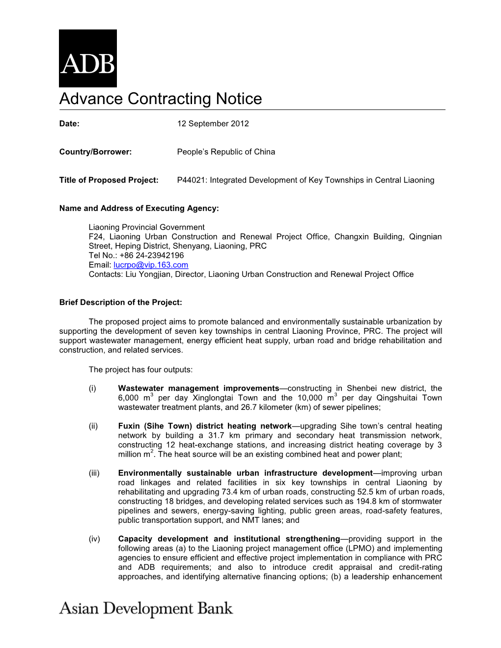 P44021: Integrated Development of Key Townships in Central Liaoning