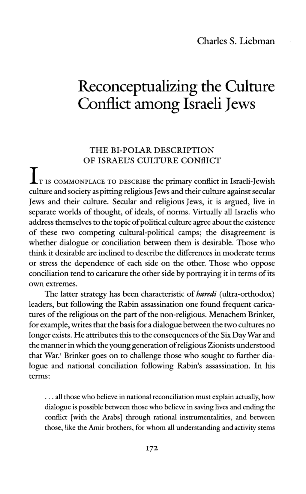 Reconceptualizing the Culture Conflict Among Israeli Jews