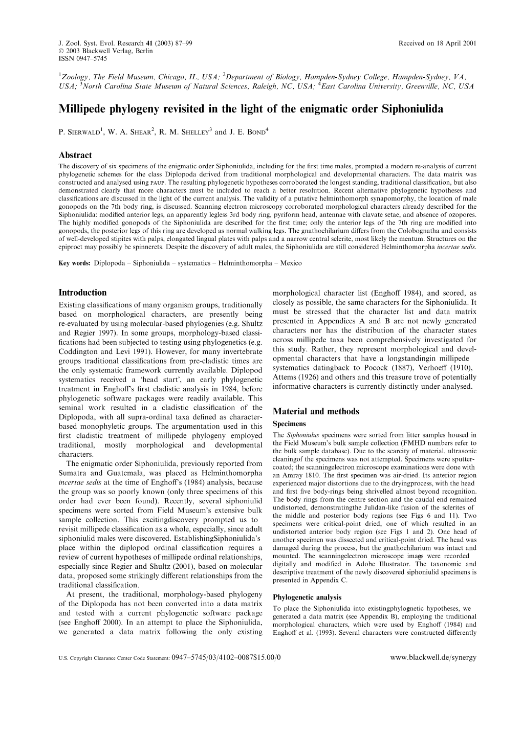 Millipede Phylogeny Revisited in the Light of the Enigmatic Order Siphoniulida