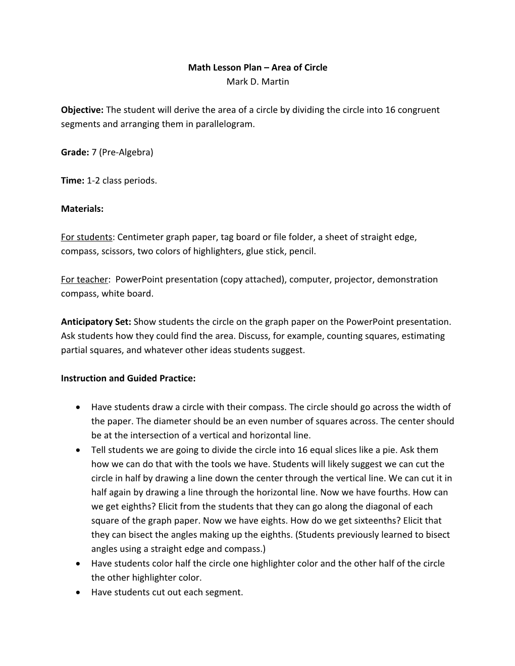 Math Lesson Plan Area of Circle