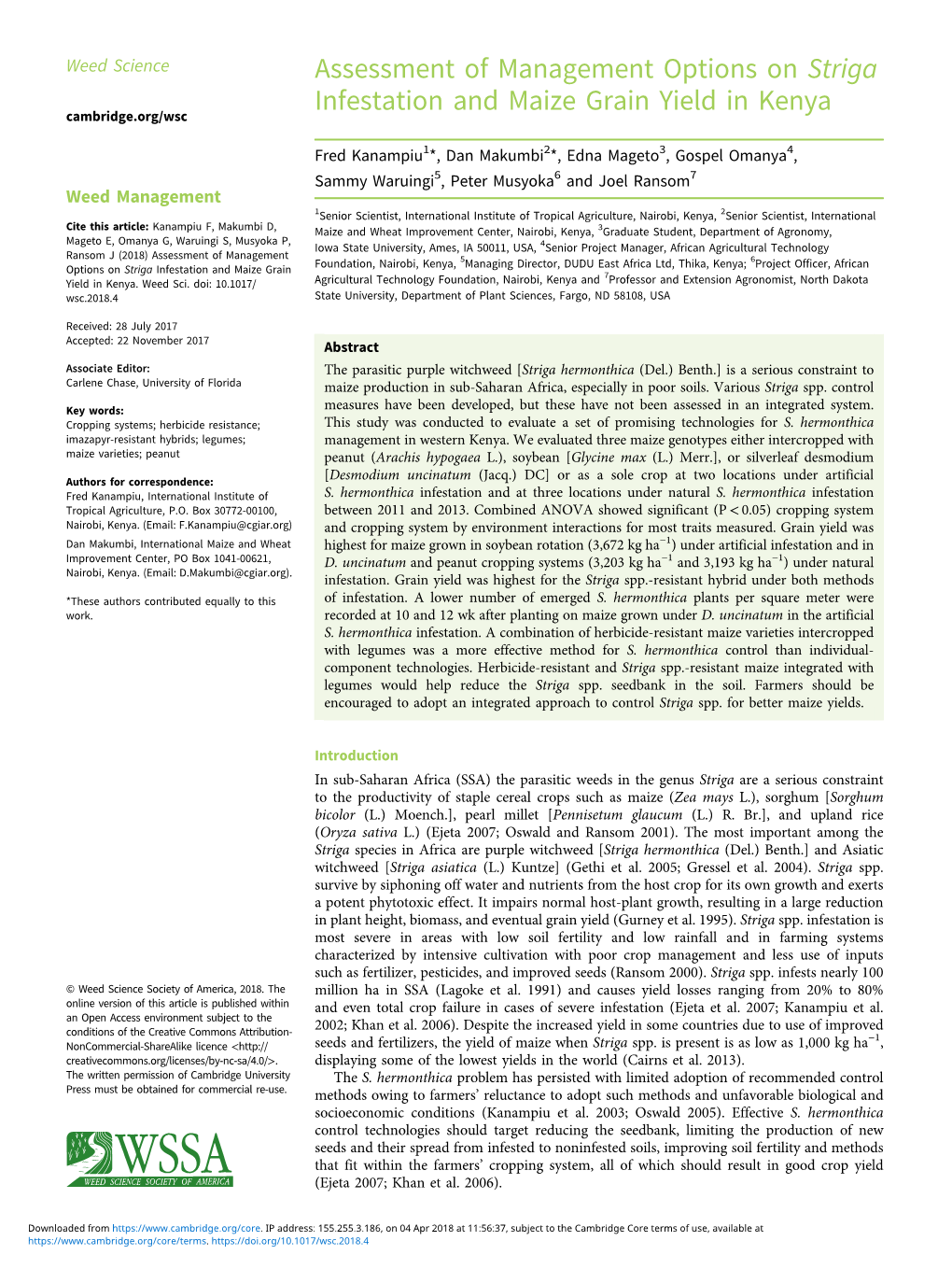 Assessment of Management Options on Striga Infestation and Maize Grain Yield in Kenya Cambridge.Org/Wsc