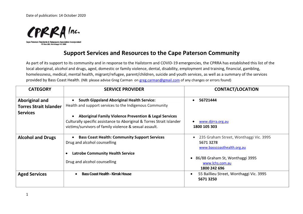 Support Services and Resources to the Cape Paterson Community