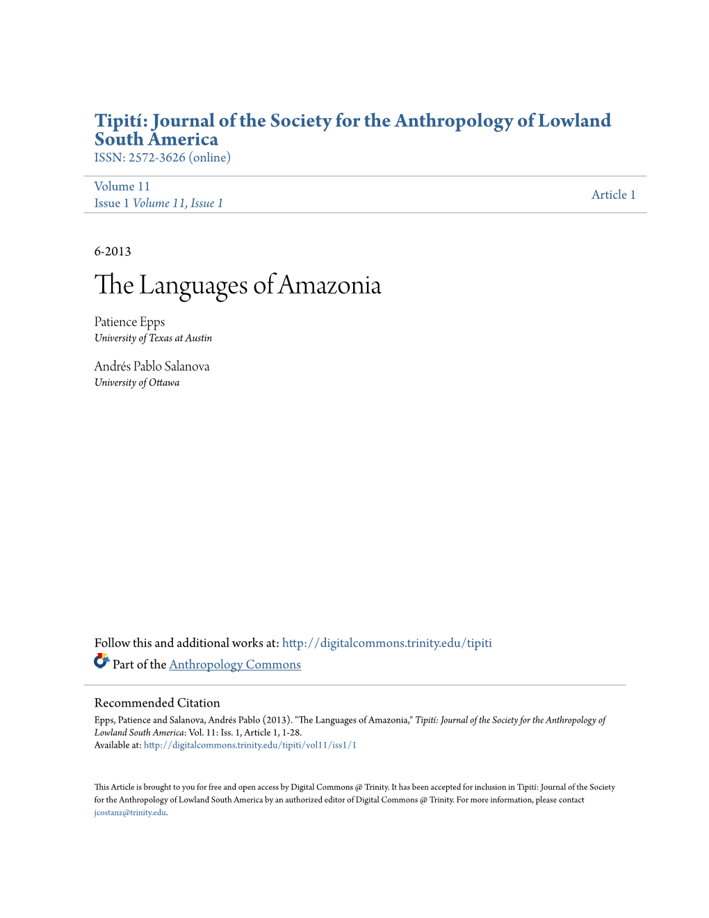 The Languages of Amazonia Patience Epps University of Texas at Austin