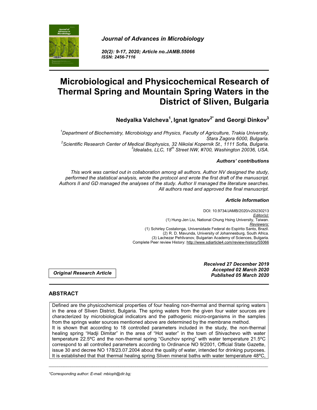 Microbiological and Physicochemical Research of Thermal Spring and Mountain Spring Waters in the District of Sliven, Bulgaria