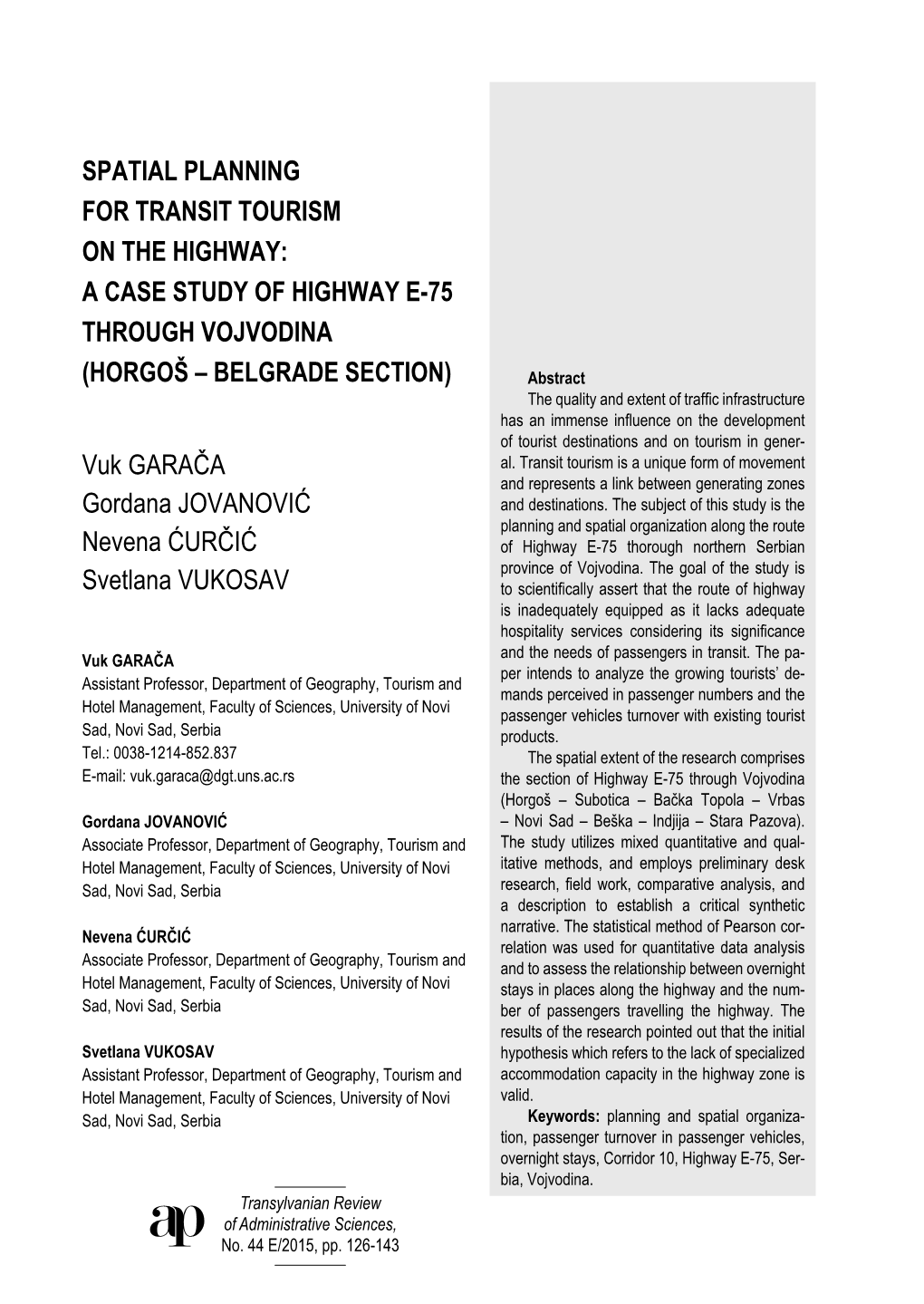 Spatial Planning for Transit Tourism on the Highway: a Case Study of Highway Е-75 Through Vojvodina