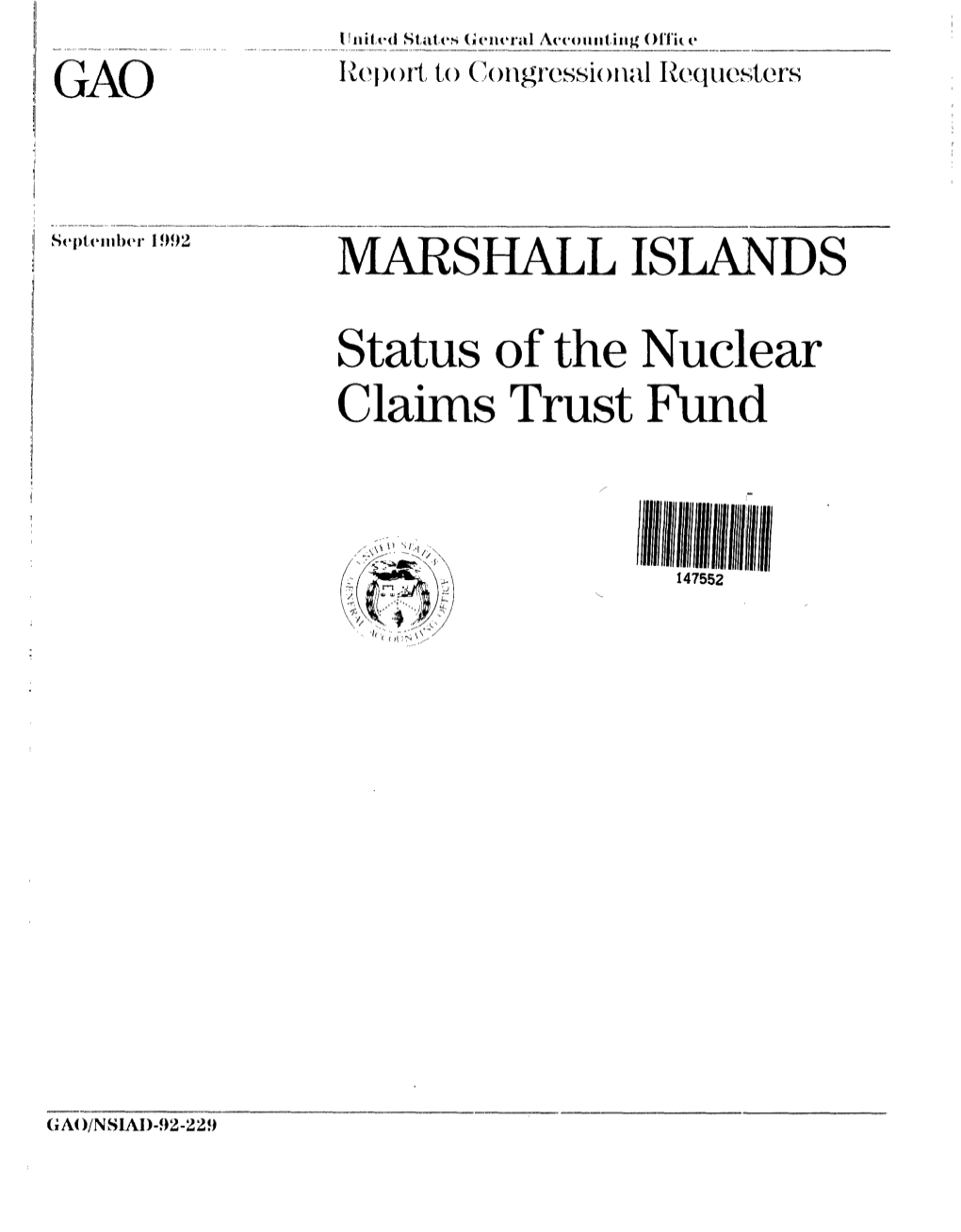 NSIAD-92-229 Marshall Islands: Status of the Nuclear Claims Trust Fund