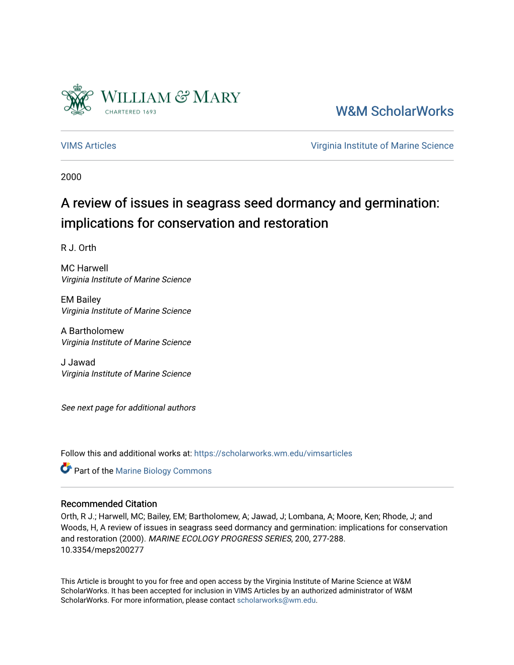 A Review of Issues in Seagrass Seed Dormancy and Germination: Implications for Conservation and Restoration