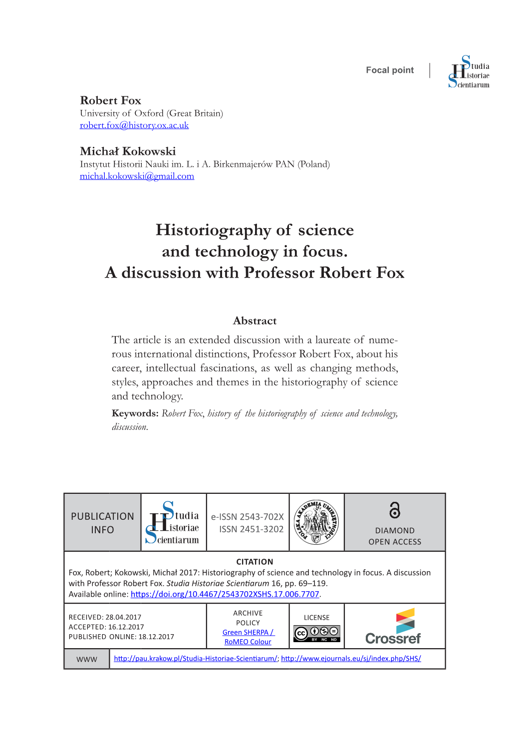 Historiography of Science and Technology in Focus. a Discussion with Professor Robert Fox