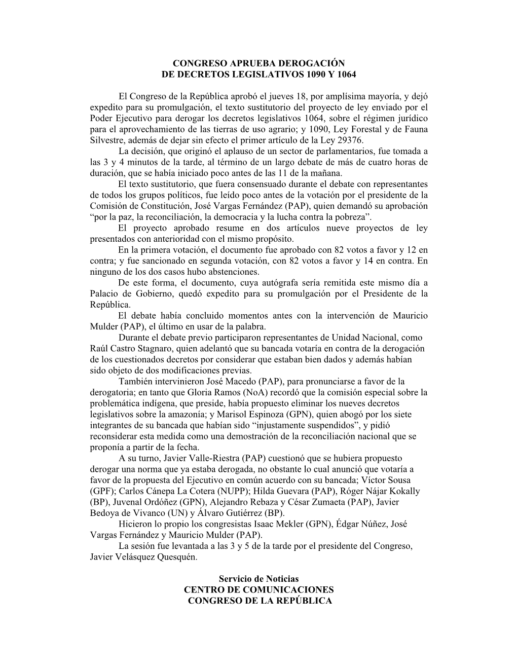 Congreso Aprueba Derogación De Decretos Legislativos 1090 Y 1064