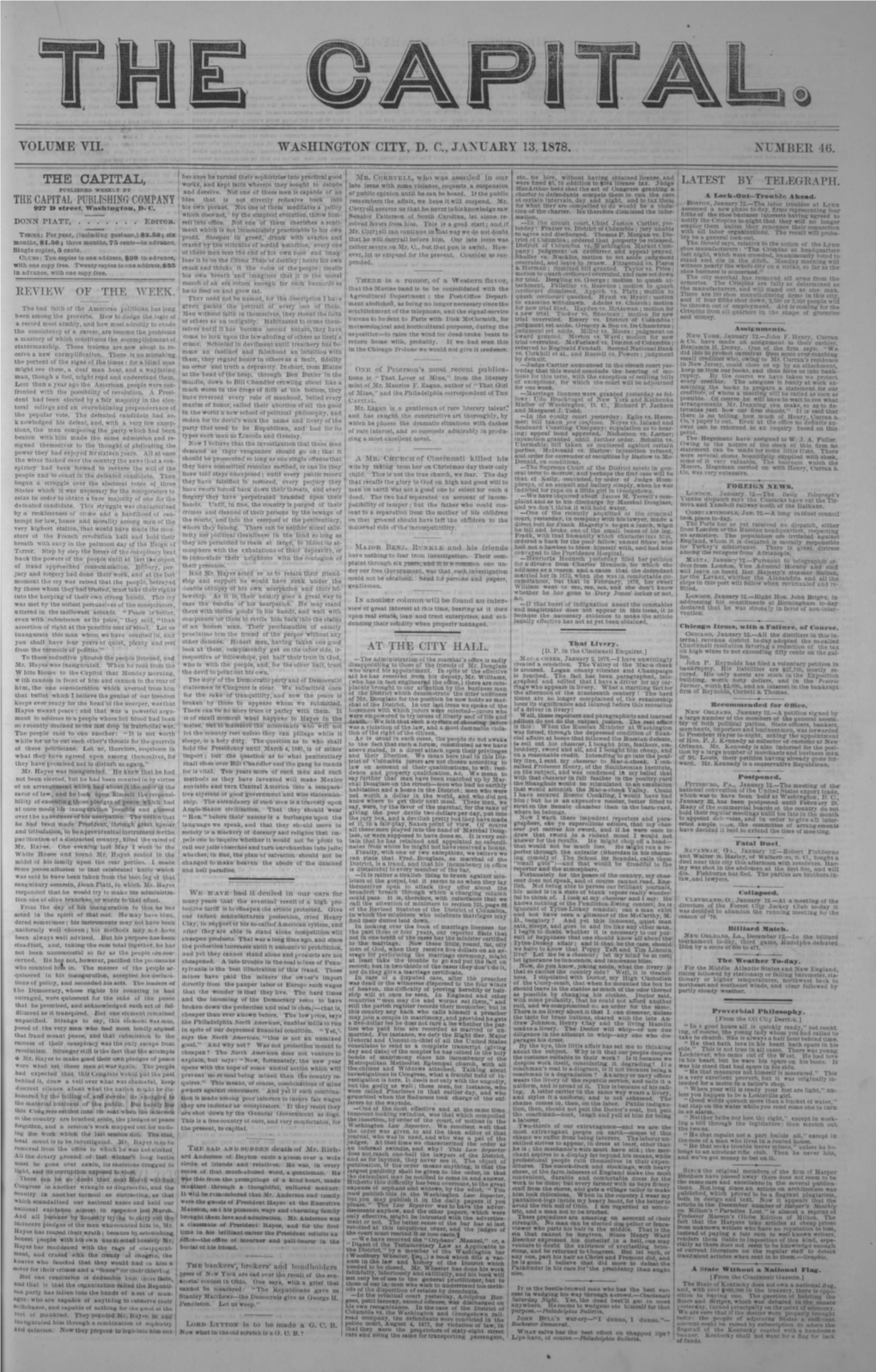 Volume Vii. Washington City, D. C., January 13,1878 Number 46