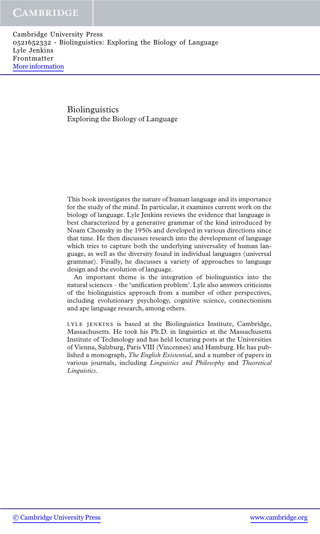 Biolinguistics: Exploring the Biology of Language Lyle Jenkins Frontmatter More Information