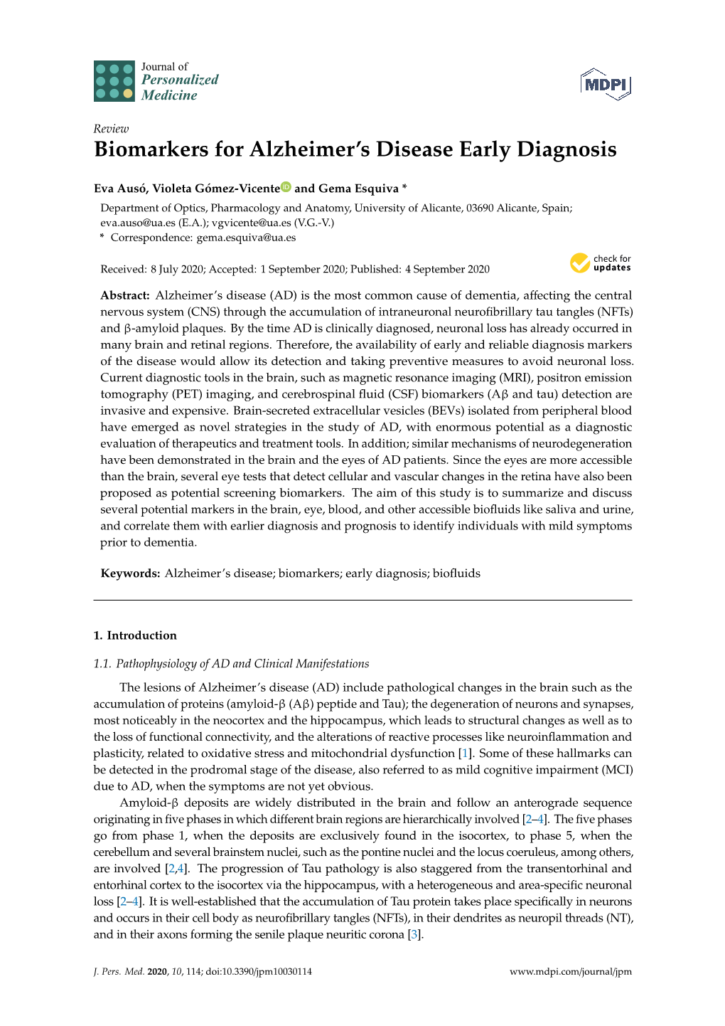 Biomarkers for Alzheimer's Disease Early Diagnosis