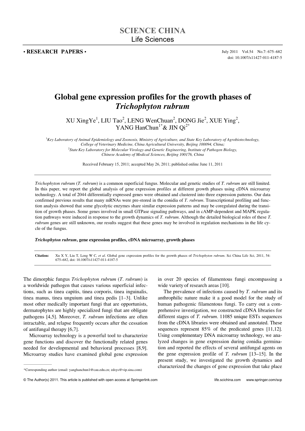 Global Gene Expression Profiles for the Growth Phases of Trichophyton Rubrum