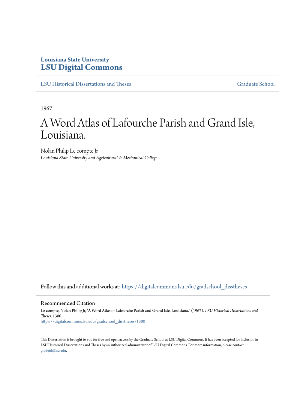 A Word Atlas of Lafourche Parish and Grand Isle, Louisiana. Nolan Philip Le Compte Jr Louisiana State University and Agricultural & Mechanical College