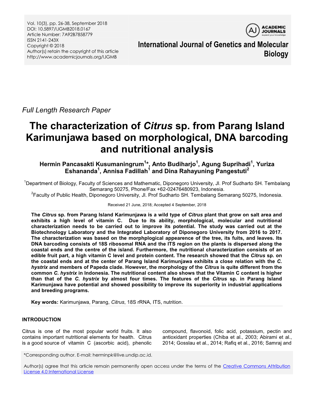 The Characterization of Citrus Sp. from Parang Island Karimunjawa Based on Morphological, DNA Barcoding and Nutritional Analysis