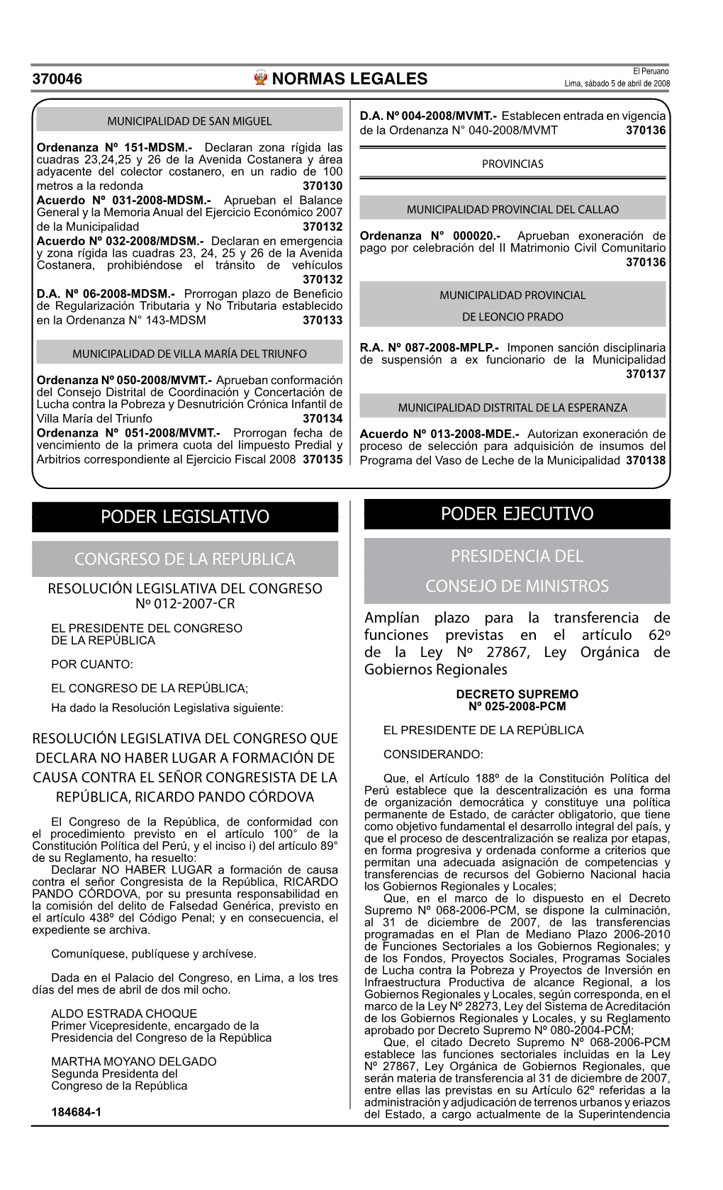 DS N° 025-2008-PCM: Amplían Plazo Para Culminar La Transferencia De