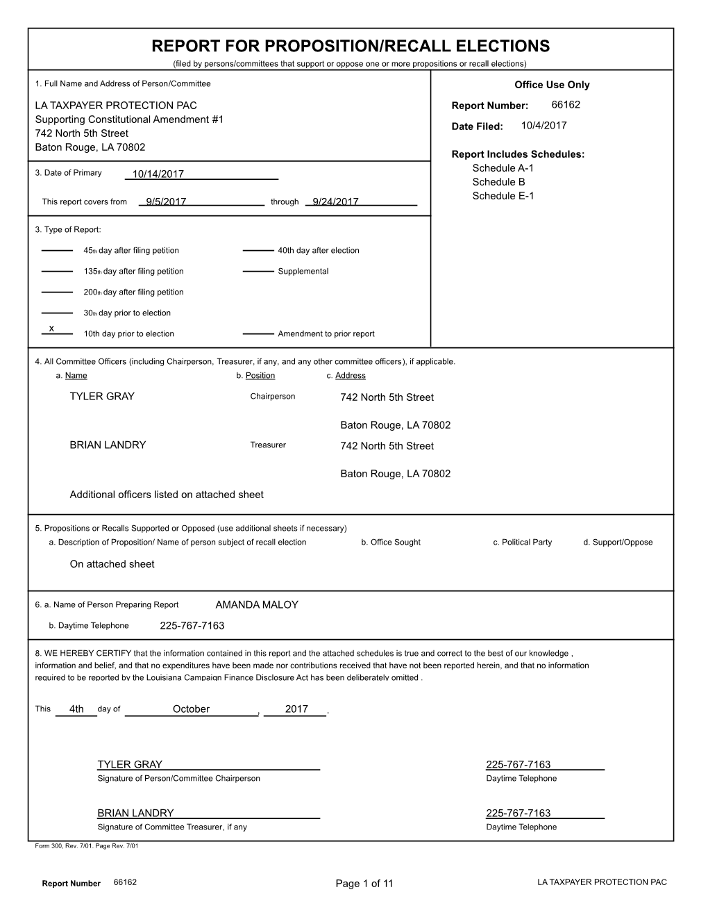 REPORT for PROPOSITION/RECALL ELECTIONS (Filed by Persons/Committees That Support Or Oppose One Or More Propositions Or Recall Elections)