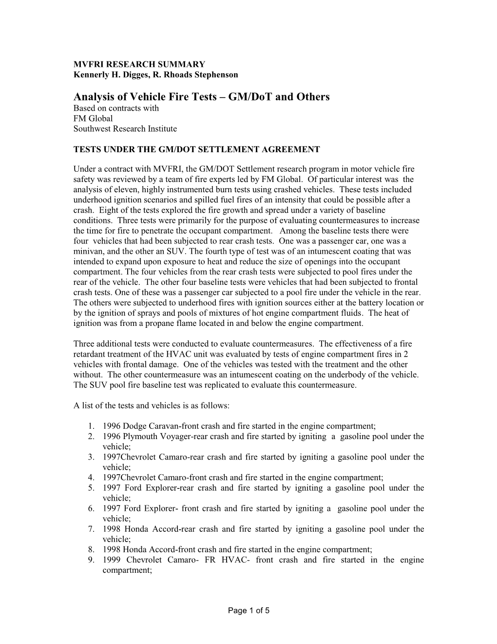 Analysis of Vehicle Fire Tests – GM/Dot and Others Based on Contracts with FM Global Southwest Research Institute