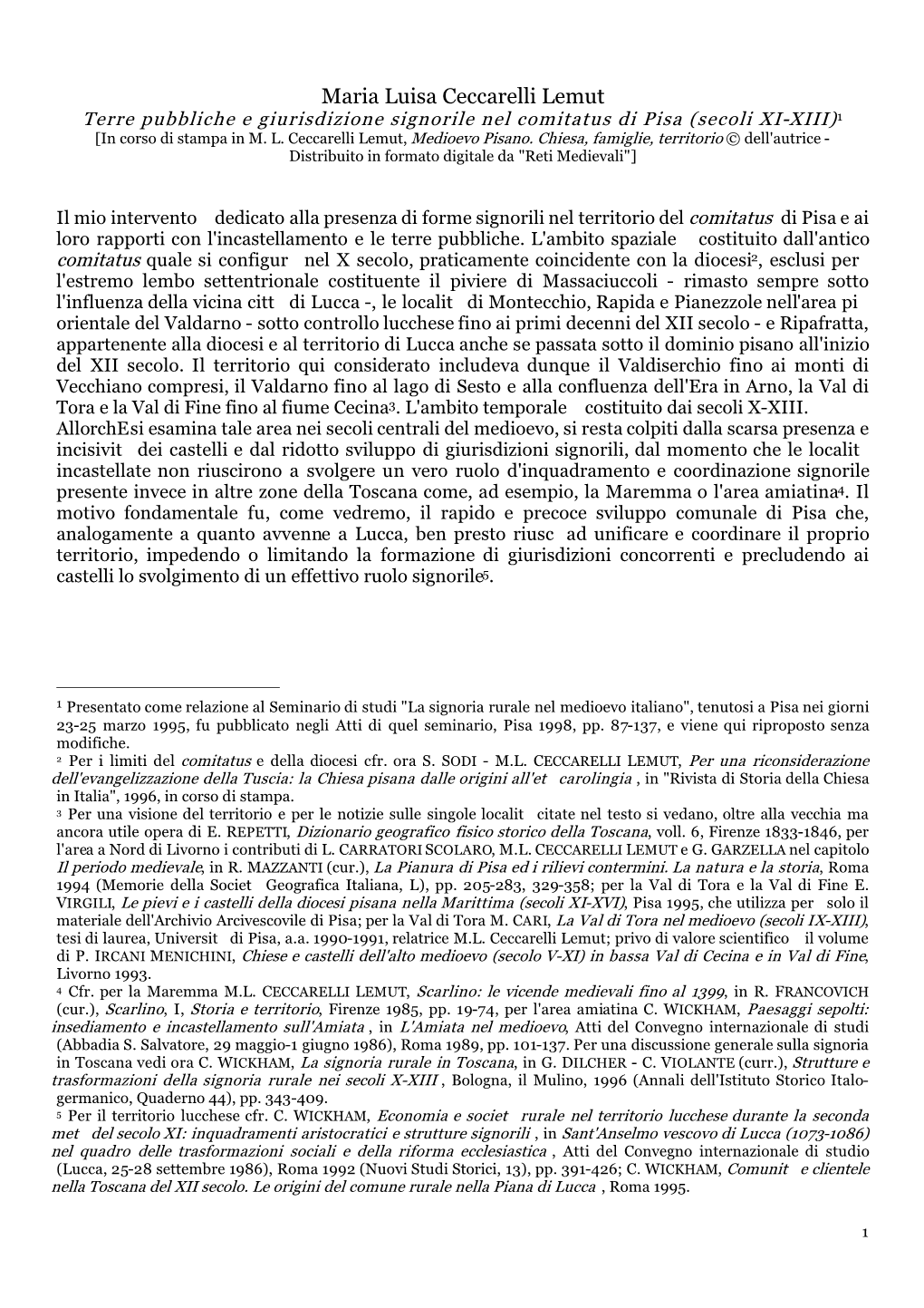 1 Maria Luisa Ceccarelli Lemut Terre Pubbliche E Giurisdizione Signorile Nel Comitatus Di Pisa (Secoli XI-XIII)1 [In Corso Di Stampa in M