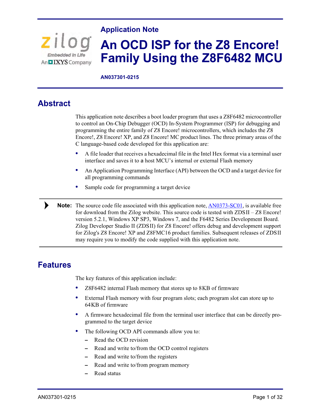 An OCD ISP for the Z8 Encore! Family Using the Z8F6482 MCU