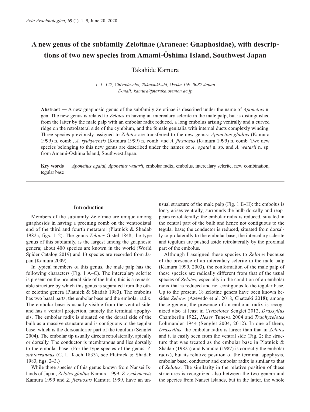 A New Genus of the Subfamily Zelotinae (Araneae: Gnaphosidae), with Descrip- Tions of Two New Species from Amami-Ōshima Island, Southwest Japan