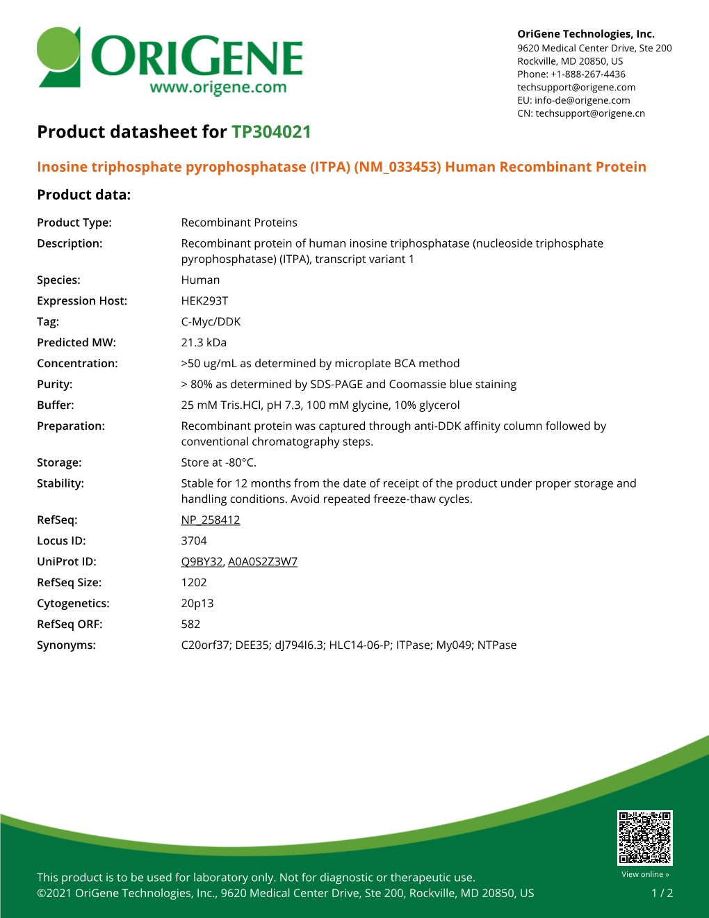 (ITPA) (NM 033453) Human Recombinant Protein Product Data