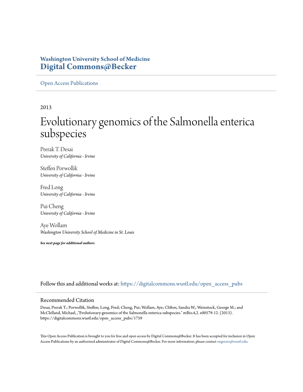 Evolutionary Genomics of the Salmonella Enterica Subspecies Prerak T