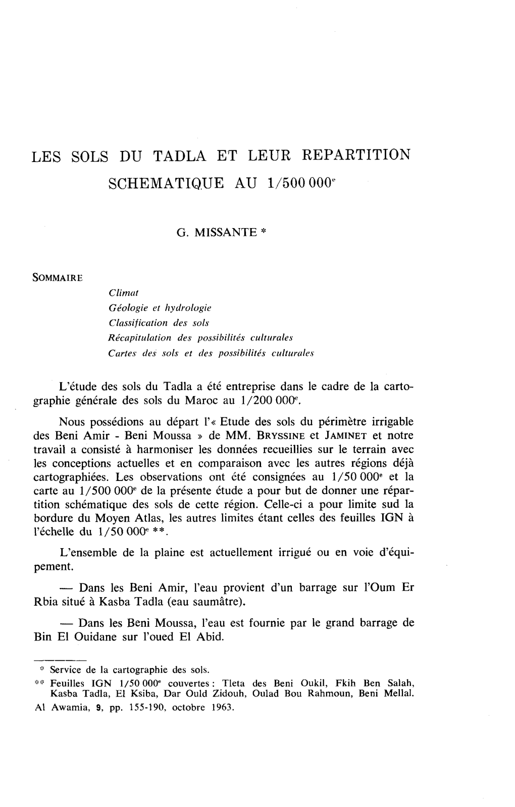 Les Sols Du Tadla Et Leur Repartition Schematique Au 1/5Oo Ooo"