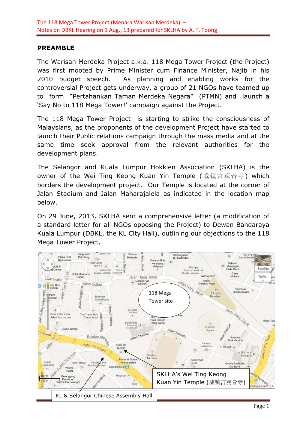 The 118 Mega Tower Project (Menara Warisan Merdeka) – Notes on DBKL Hearing on 1 Aug., 13 Prepared for SKLHA by A