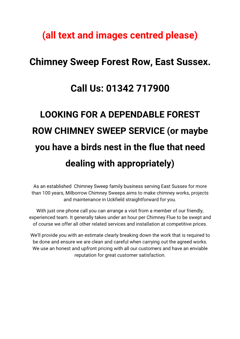 (All Text and Images Centred Please) Chimney Sweep Forest Row, East
