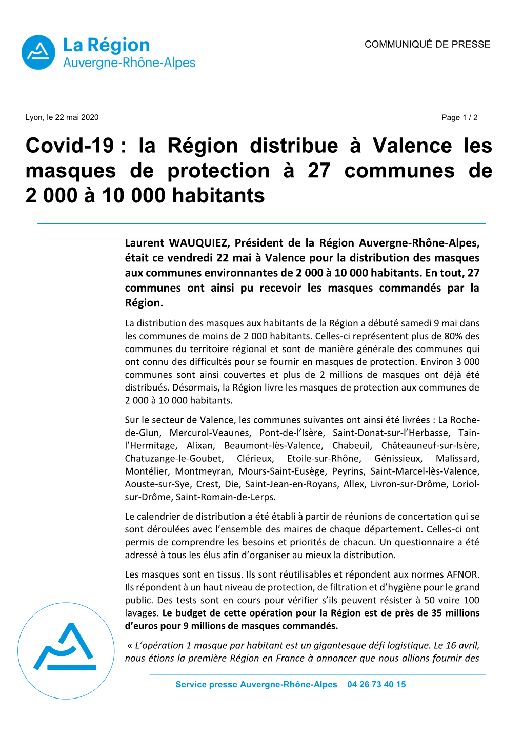 Covid-19 : La Région Distribue À Valence Les Masques De Protection À 27 Communes De 2 000 À 10 000 Habitants