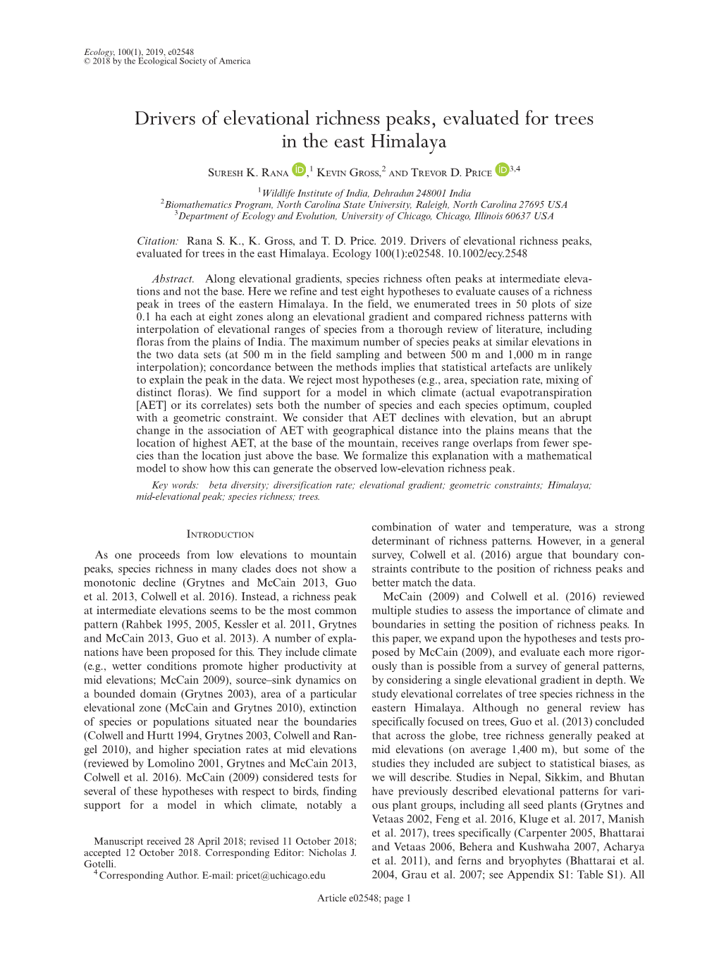 Drivers of Elevational Richness Peaks, Evaluated for Trees in the East Himalaya