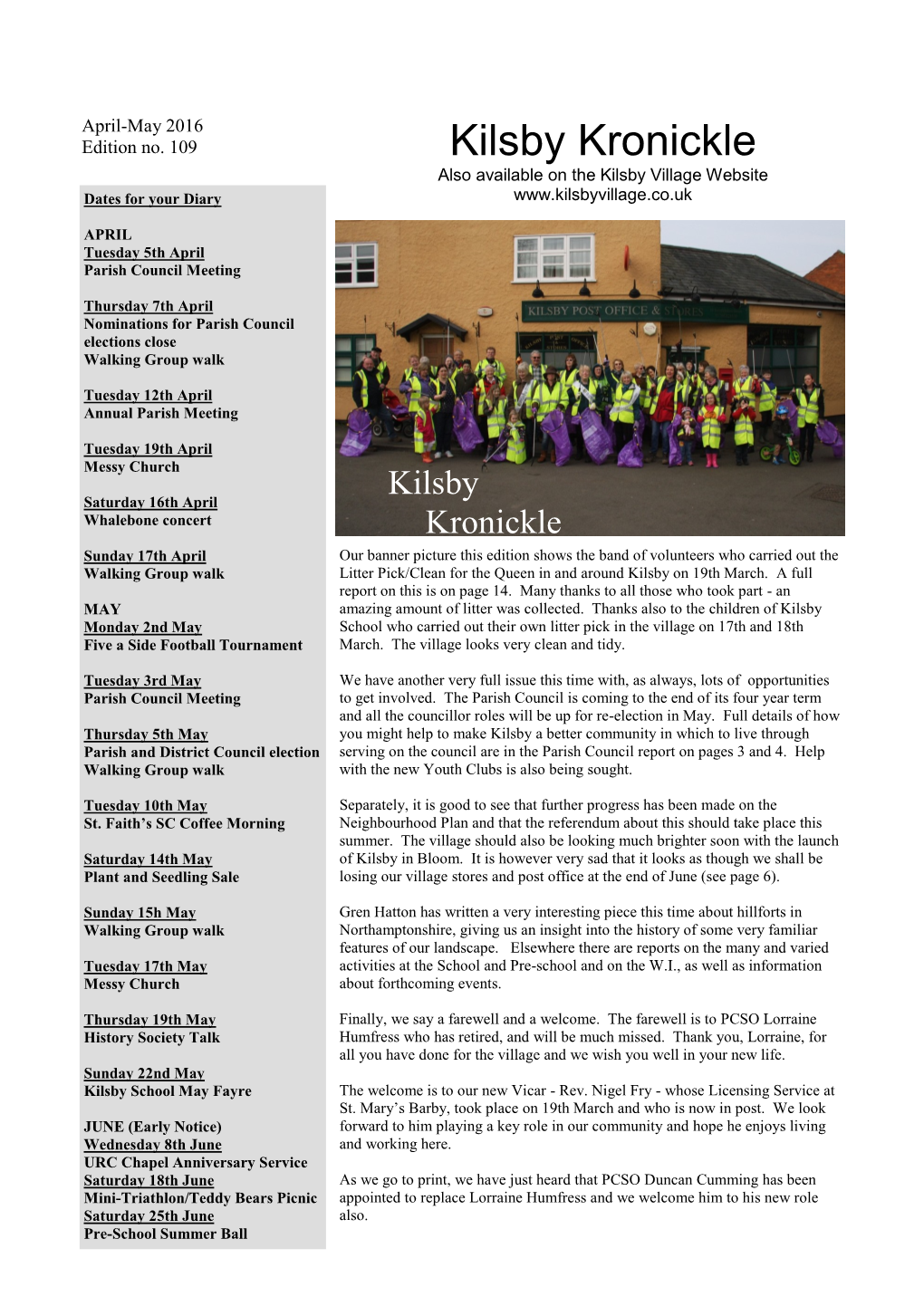 Kilsby Kronickle Also Available on the Kilsby Village Website Dates for Your Diary